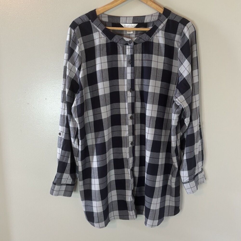 Christopher & Banks Plaid Tunic Top Gray Roll Tab Sleeves Button Sz XL